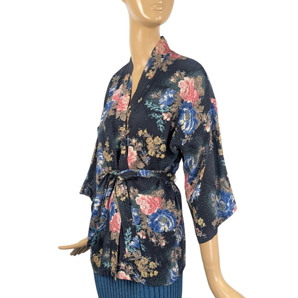 Vintage 1970s Dark Floral Kimono Style Boho Jacket Tie Waist Blouse Size M